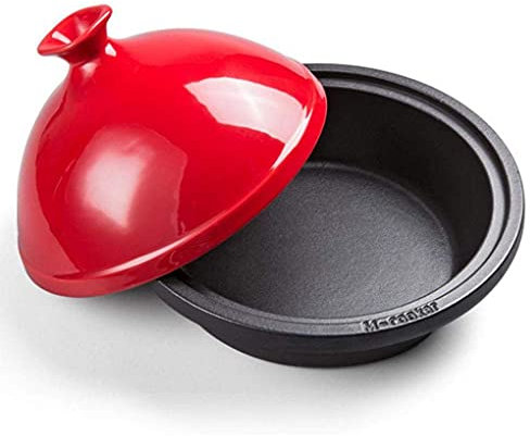 Ceramic cooking pot 3 Liters Moroccan Tagine Pot Cast Iron Base Ceramic Lid Clay Casserole Suitable For 3-6 People,Pink (Red)