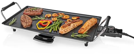Nedis Electric Teppanyaki Grill Plate, Large Non-Stick Table Top Griddle with 47.5cm x 26.5cm Hot Plate, Adjustable Temperature Control and Drip Tray, 2000W - Black