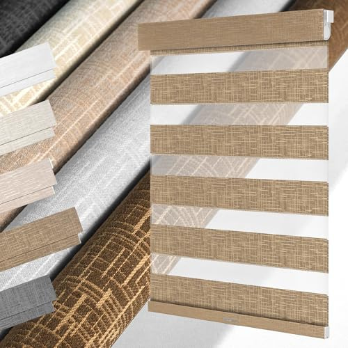 MoDanCeQ No Drill No Tools Zebra Blinds for Windows,Linen Fabric Cordless Zebra Shades,Custom Double-Layer Window Blinds,Easy to Install Roller Shades, Sand Brown,Custom Size