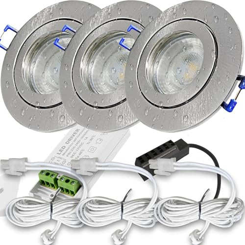 LED Decken Einbauspots 3er Set –, IP44, Feuchträume, Niederspannung 12V, 400 Lumen, Neutralweiß, 5W, Rund, inkl. Netzteil & 120cm Zuleitung mit AMP Stecker. Bad, Dusche, überdachter Aussenbereich