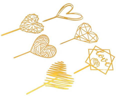 Qcwwy Herzform Kuchen -Top -Picks 6pcs Herzform Kuchen Topper Picks Love Cupcake Toppers Dessert Dekor Acryl Gold Cupcake für Geburtstagsfeier Feier