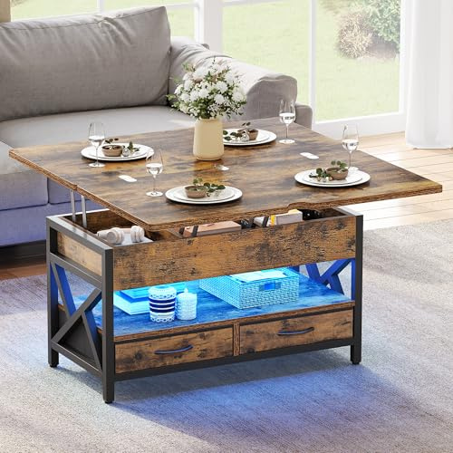 YITAHOME Table Basse Relevable et Extensible, Table à Manger avec Plateau Pliant, avec 2 Tiroirs et LED et Compartiment Caché pour Salon, Bureau, 90x50x51,5cm