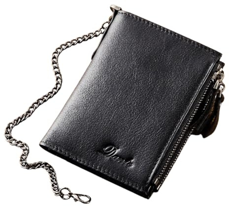 Wallet with Chain for Men Women Genuine Leather RFID Blocking Bi-Fold Wallet with Chain, Zip Coin Pocket, Credit Card Holder, Transparent ID Window for Driver License Biker Punk Hip Hop Style (Black)