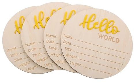SOPOTUTU 4 Stück Rustikales Ankündigungsschild aus Holz Rundes Willkommensschild für Neugeborene Langlebige Geburtsanzeige mit Geburtsdaten für Taufe Babyparty und Kinderzimmerdekoration