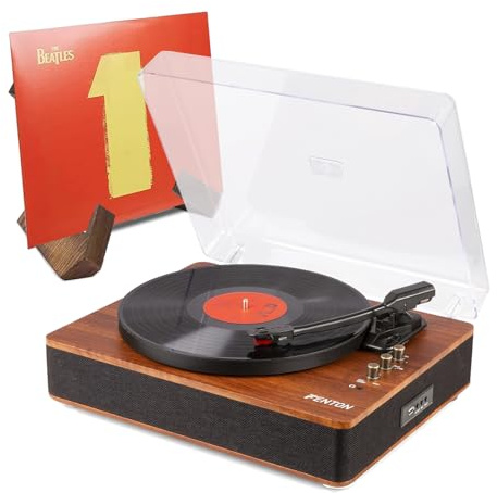Fenton RP162D Dark Walnut Vinyl Record Player with Bluetooth and Retro Wooden Vinyl Holder Stand, Built-In Speakers, MP3 USB Playback, 3-Speed Turntable