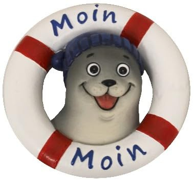 Osters muschel-sammler-shop Maritimer Magnet Rettungsring mit Seehund, Polyresin, 6,2 x 6,2 cm, Rot-Weiß Gestreift, Moin Moin Design, Deko für Küche und Büro