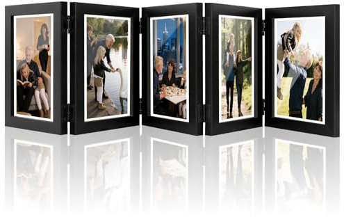 JINGIHE 6x4 Klappbarer Bilderrahmen aus Holz für 5 Bilder Collage | 5 Öffnungen Klappbarer Holz Bilderrahmen mit Glasfront und Standfuß für Geburtstage Hochzeiten und Weihnachtsgeschenke