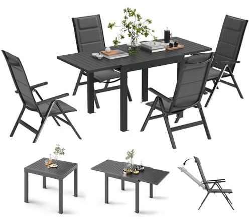 Devoko Gartenmöbel Set 4 Personen, Bestehend aus 1 Aluminiumtisch und 4 Klappstühlen für den Balkon. Ausziehbarer Gartentisch (80/160 cm), Terrassenmöbel-Set für den Außenbereich, Dunkelgrau.