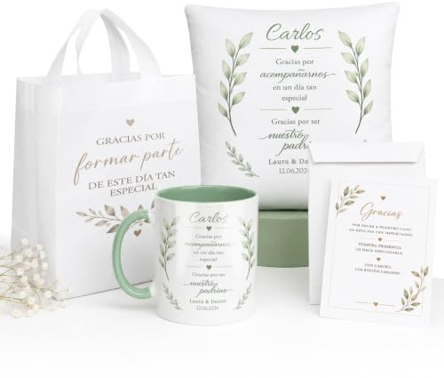 Kembilove® Pack Regalo Padrino de Boda Personalizado | Bolsa, Taza, Cojín y Tarjeta con Nombre | Regalo de Agradecimiento para Padrino | Recuerdo Especial de Boda Personalizado