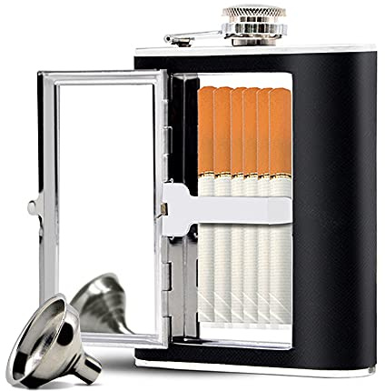 Kitwinney Stainless Steel Flask, Leak-proof Pocket Hidden Flasks with Built-in Cigarette Case and Leather Wrapped Cover, Black Hip Flask and Mini Funnel Set for Liquor for Men and Women