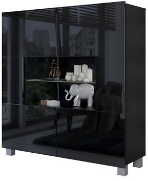 Mirjan24 Kommode Calabrini BR01 mit 2 Türen (Schwarz Hochglanz, ohne LED) | Moderne grifflose Kommode mit gehärtetem Glas und viel Stauraum für Wohn- und Schlafzimmer
