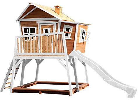 AXI Casa de Juegos MAX con arenero y tobogan Blanco | Casa zanco en Marron y Blanco de Madera FSC para ninos | Torre de Juegos con tobogan de Olas para el Jardin.