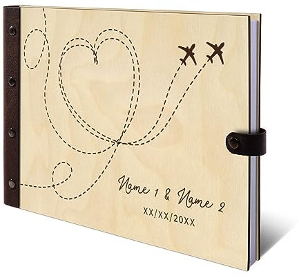 Personalisiertes Hochzeit Gästebuch echtes Holz DIN A4 Erinnerungsbuch mit Lasergravur - Flugzeuge - mit 72 Blatt / 144 Seiten Naturpapier Weiß