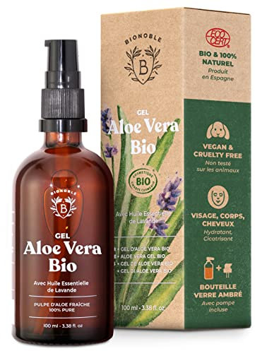 Bionoble Organic Aloe Vera Gel 100ml - Made with 100% Pure Fresh Aloe Pulp and Organic Lavender - Xanthan Free - Face, Eye Contour, Body, Hair - Glass Bottle + Pump