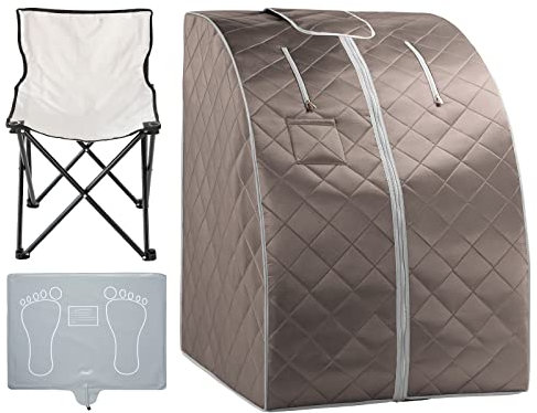 ZONEMEL Bärbar infraröd bastu för hem, personlig bastu för avkoppling och deox hemma, 1 person helkroppsbastu tält med uppvärmande fotdyna och hopfällbar stol (L 70 cm x B 80 cm x H 90 cm, grå)