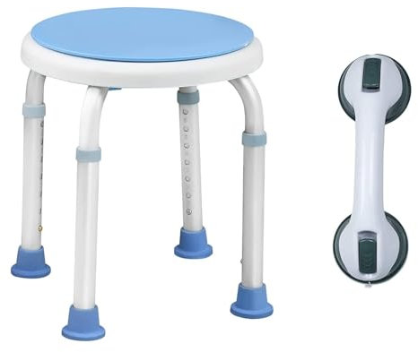 XMTECH Tabouret de douche pivotant à 360 ° + Poignée de baignoire, Poignée de support, Tabouret de douche réglable en hauteur