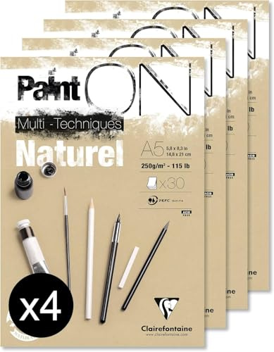 Clairefontaine 96539C - Packung mit 4 Blöcken Paint´ON Naturel, DIN A5, kopfseitig geleimt, 30 Blatt, 250g, Sand, 4 Stück