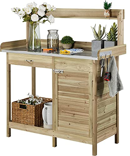 Yaheetech Garden Potting Table Wood Planting Germination Table w/Cabinet & Drawers Metal Surface Workstation with Hooks/Shelf for Patios Yard Lawn-Light Green