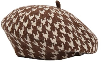 oonui Baskenmütze Damen Houndstooth Baskenmütze Für Frauen Retro Gestrickte Baskenmützen Karierte Schiebermützen Damen Winter Warme Mütze Pilzhüte,Kaffee,54-58Cm