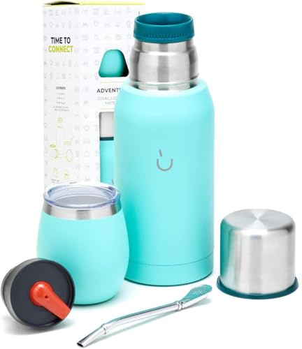 BALIBETOV Kit Mate – Incluye 1 taza mate, 1 pajita de bombilla y 1 termo con 2 tapones – Calabaza de acero inoxidable con tapa (Aqua)