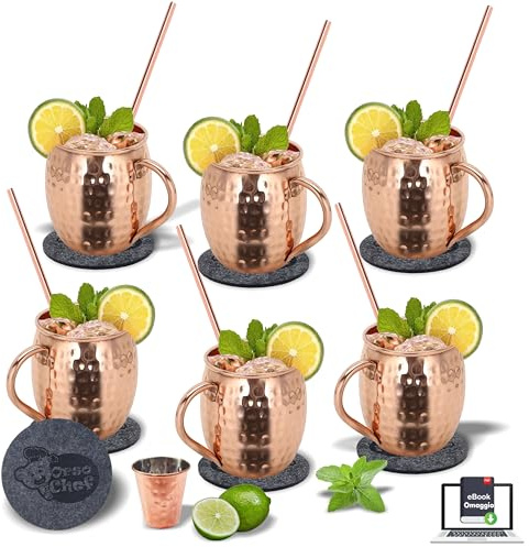 Orso Chef Moscow Mule Kupferbecher | Cocktailgläser | Solide Tassen Mugs | Set 6x Tassen 6x Strohhalme 6x Untersetzer 1x Dosierer | Kupferbecher | Moscow Mule Tassen | Mit E-Book Cocktails