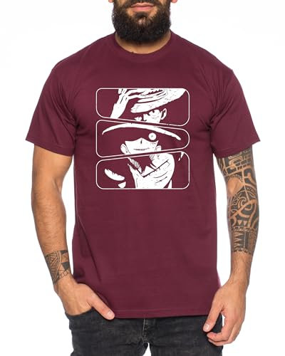 Ruffy Mix - Herren T-Shirt Straw Hat Luffy Zoro One Monkey D. Pirat Ace Piece Goku Anime Ruffy, Größe:3XL, Farbe:Weinrot