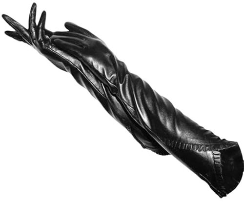 Hgvcfcv Einfache lange Winter-Lederhandschuhe, Kunstleder, lange Lederhandschuhe für Damen, schwarzes Schaffell, lange Handschuhe für Damen, Schwarz , 7.5
