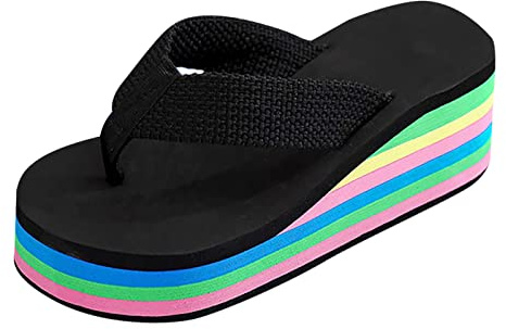Generisch Women's Wedge Flowers Flip Flops Colour Sole Beach Flip Flops Fashion Slippers Thick Sole Flip Flops Summer Casual Fashion Beach Slippers Shoes Open Back Women, black, 8 UK