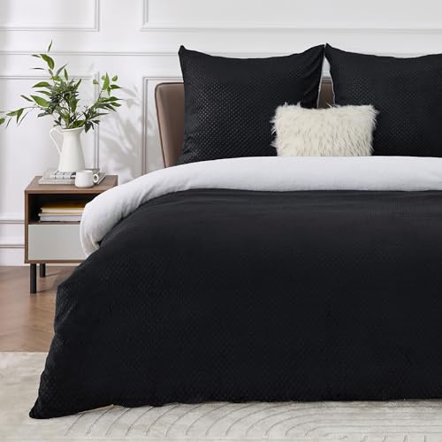 BEDSURE Flauschige Bettwäsche 200x200 Schwarz - Winter Bettbezug Fleece mit 2 Kissenbezüge 80x80 cm, Warme Bettwäsche-Sets mit Reißverschluss, Waffelpique Winterbettwäsche für Doppelbett