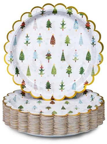 Assiettes en Papier de Noël, 50 pièces, Jetables, Or à Bordures, pour Dîner de Noël, Décoration de Fête, Arbres de Noël Dessinés à la Main