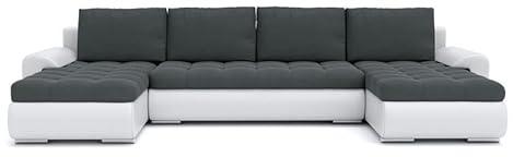 Mebligo - Ecksofa mit Schlaffunktion und Bettkasten Tokio III, Eckcouch aus Kunstleder, Sofa U Form 302x159x89 cm, Couch Wohnzimmer, Ecke Sofa Wohnlandschaft, Schlafsofa Grau/Kunstleder Weiß