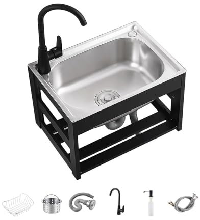 Fregadero Exterior Con Grifos De Agua Fría Y Caliente Fregadero Exterior Fregadero Acero Inoxidable, Duradero Fregadero Industrial Mueble Lavabo Para Garaje Bares Cocinas O Baños(53x38x36cm)