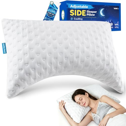 btasleeep Side Sleeper Pillows for Neck & Shoulder Comfort - Ergonomic Curved Crescent Design, Adjustable Shredded Memory Foam, Cooling & Soft Cover, Extra Fill Included, King Size