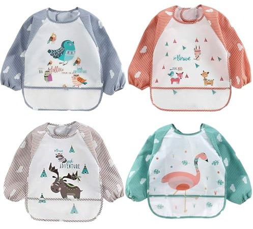 Babero con Mangas Impermeable, 4 Pcs Baberos Bebe Impermeables, Baberos bebe mangas impermeable, Babero Baby Weaning, Baberos ajustable, Unisexo Niños Niñas, Baby infantil plastificado, Multicolor