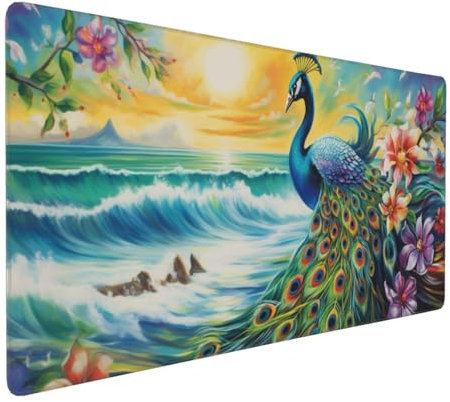 Gaming Mauspad XXL Pfau Mousepad 1000x500x4mm Blume Verlängertes Mauspad Schreibtischauflage,Genähte Kanten Mauspad,Verbessert Präzision und Geschwindigkeit Wasserdicht Geeignet für Büro und Spiele