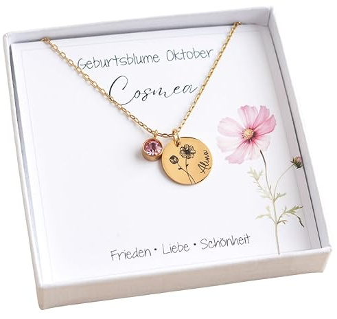 Kette mit Geburtsblume personalisiert mit Gravur Geburtsblumenkette mit Name Birthflower Silber Gold Roségold Geschenk zur Taufe Geburt Geburtstag Muttertag