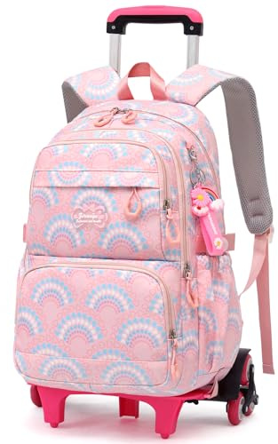 Amythe Mochila Escolar para Niña 9+ años, Mochilas con Ruedas para Adolescentes, Bolso Informal con Carro para Escuela/Viajes para Chicas, Diseño Elegante y Funcional, 6 Ruedas -Rosa