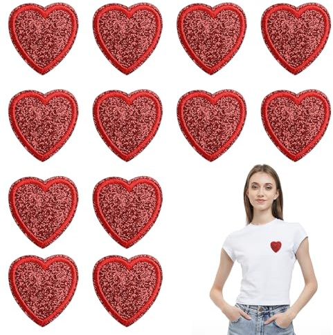 Rote Herz-Aufnäher Bestickt, Herz Aufnäher zum Aufbügeln,Herz Bestickte Patches, Bügelbilder Herz Zum Aufbügeln, für Kleidung Jacken Rucksäcke Jeans Hüte Taschen (12 Stück)