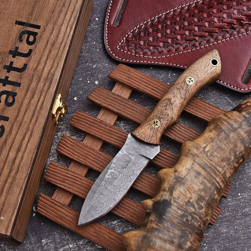 CraftTal Damast Jagdmesser 150 Lagen – Handgeschmiedetes Damastmesser mit Lederscheide & Holz Geschenkbox – 24 cm Outdoor Bushcraft Messer – 12 cm Rasiermesserscharfe Klinge – Curly Mango Holz Griff