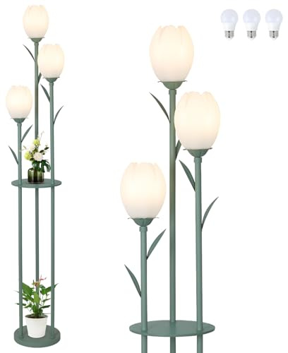 3-Light Flower Floor Lamps for Living Room, Green Floor Lamp with Shelves, Unique Tulip Standing Lamp with 3 LED Blubs, Cute Floral Tall Lamp, Modern Stand Up Light Decor for Bedroom, Kids Room