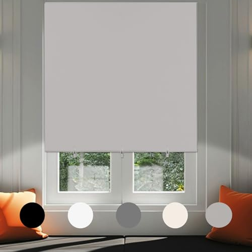 No Drill Blackout Blind Stick on Curtains Thermal Insulated, Adjustable Clips Self Adhesive Easy Fit,Backside Black Coating Temporary Blackout Window Blinds for Bedroom, Nursery(1,Grey,60W x 180H cm)