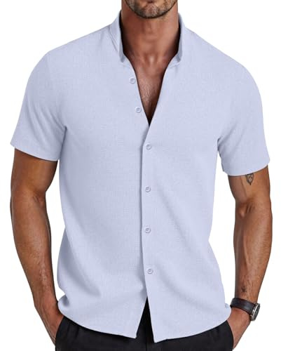 GLESTORE Herren Hemd Kurzarm Sommerhemd Henley Shirt Sommer Stehkragen Hemden Freizeithemd Blau XL