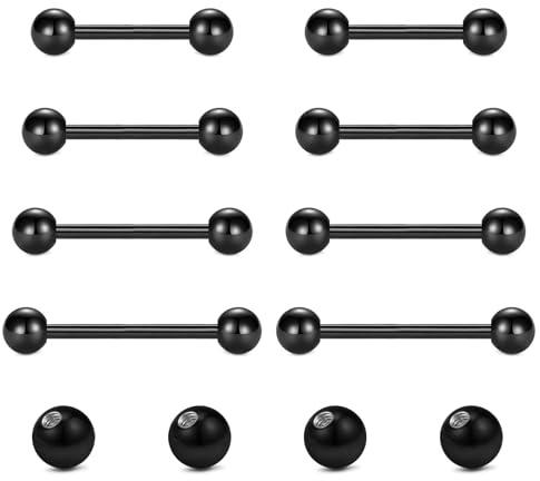 Briana Williams 8pcs Tongue Bars Nipple Ring and 4pcs Replacement Balls, 14G Stainless Steel Metal Straight Barbell Piercing Jewellery Black 12/14/16/18mm
