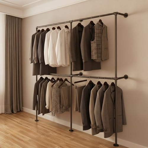 Gemsaya Offener Kleiderstange Wandmontage 300kg Traglast, Begehbarer Kleiderschrank mit 4 Kleiderstangen, 210cm x 180cm Industrial Kleiderschrank oder Kleiderständer Schwarz aus Metall Wasserrohren