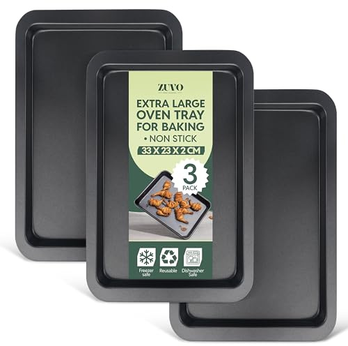 Zuvo Baking Trays 3 Pack, 32cm Non-Stick Carbon Steel Oven Tray Set | Oven Trays for Roasting & Cooking, Non-Stick, 33 x 23 x 2 cm, Easy Clean, Dishwasher Safe, Freezer Safe, 230°C Heat Safe