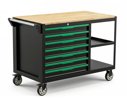 Griplier 7-Drawers Professional Tool Cart Cabinet,Rolling Tool Chest with Double Shelves,Wood Workbench,Brake Wheels,51.1W x 18.9D x 32.3H inches for Garage, Workshop, or Outdoor Use(7 Drawers)