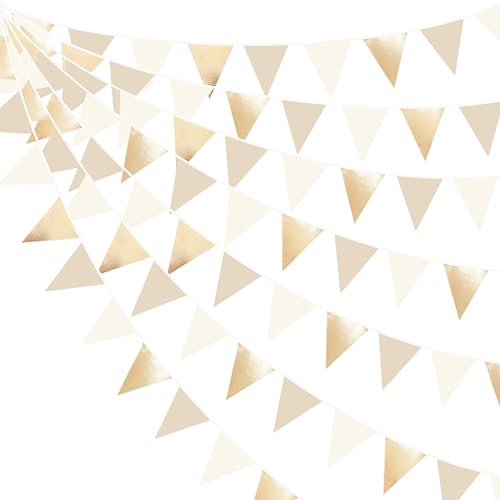 32Ft Champagne Gold Beige Banner Triangle Flag Party Decorations Metallic Fabric Pennant Bunting Garland Streamers for Birthday Wedding Baby Shower Bridal Shower Engagement Martini Party