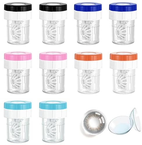 YOYEAH Kontaktlinsbehållarset, 10 stycken, flerfärgad, plast, 4,8 x 3,4 cm, manuell linsrengöring med rotationsfunktion, bärbar, för mjuka linser, hem och resor