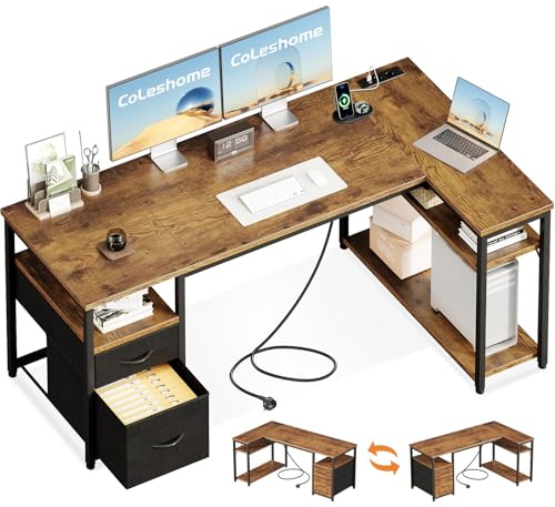 Coleshome Hörnskrivbord med 2 Tygbyrålådor,160x80cm, Brun | Reversibelt Skrivbord i L-form med Hylla, Hörnskrivbord med Uttag och USB-portar för Hemmakontor och Spel
