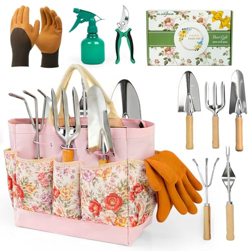 SLARMOR Kit de Jardinage Robuste 10 pièces en Acier Inoxydable avec sécateur Gants et Sac de Rangement idéal pour Femmes et Hommes Un Cadeau Parfait pour Les jardiniers